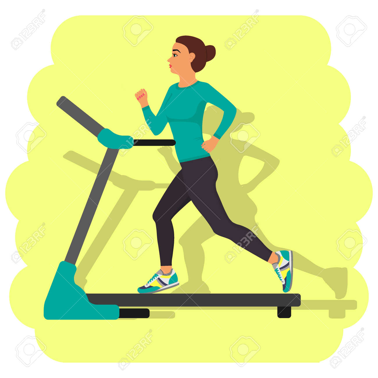 トレッドミルと壁に実行している女の子の影に走っている少女 フラット スタイルのベクトル図のイラスト素材 ベクタ Image