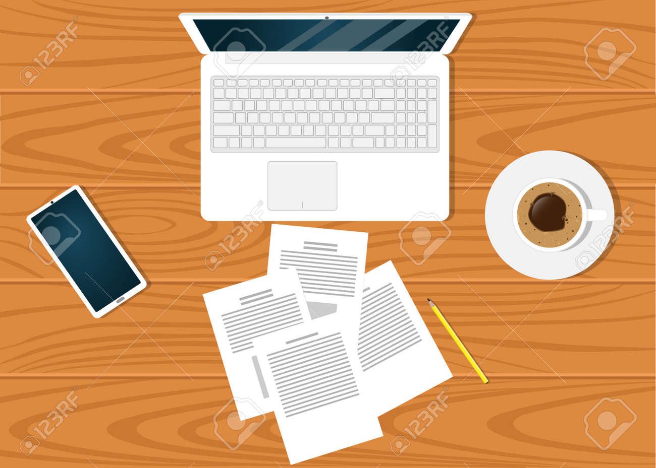 Modern Workplace On On Beautiful Wooden Table Surface Top View