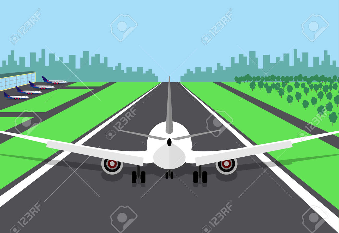 旅客機は滑走路 オフを取るのための準備の初めに 飛行機 背面に 滑走路と空港の建物と背景に都市のベクトル イラスト のイラスト素材 ベクタ Image