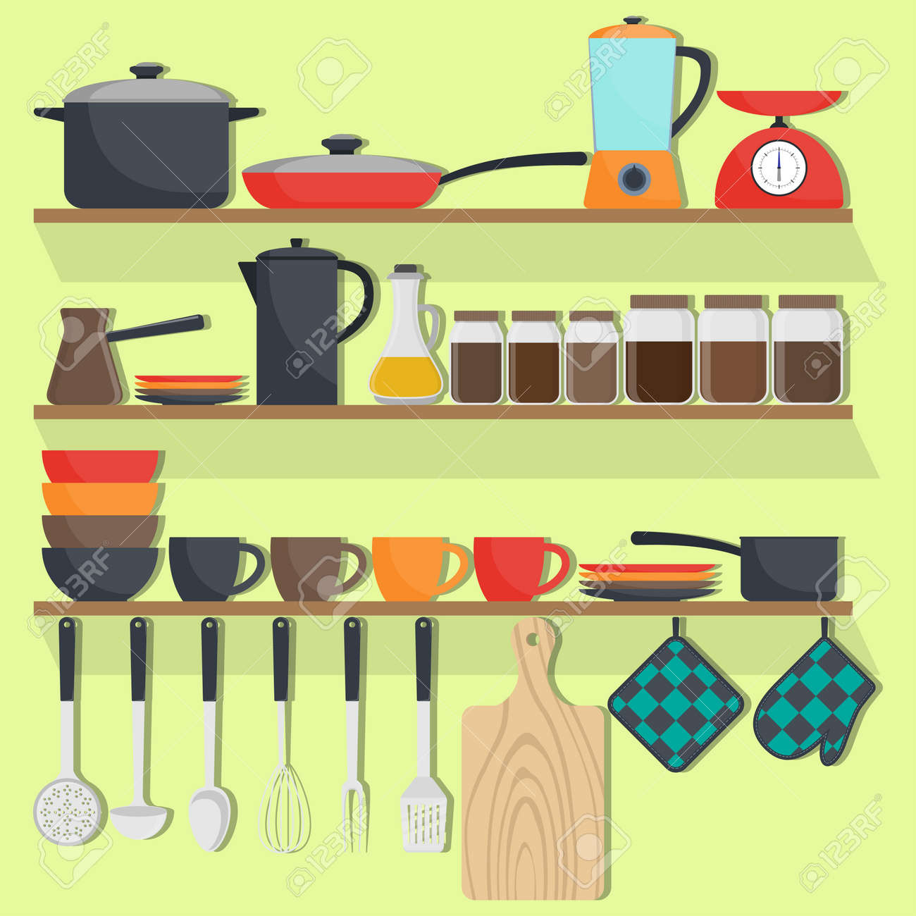 Kitchen Utensils And Crockery On The Shelves Set Pots Pans