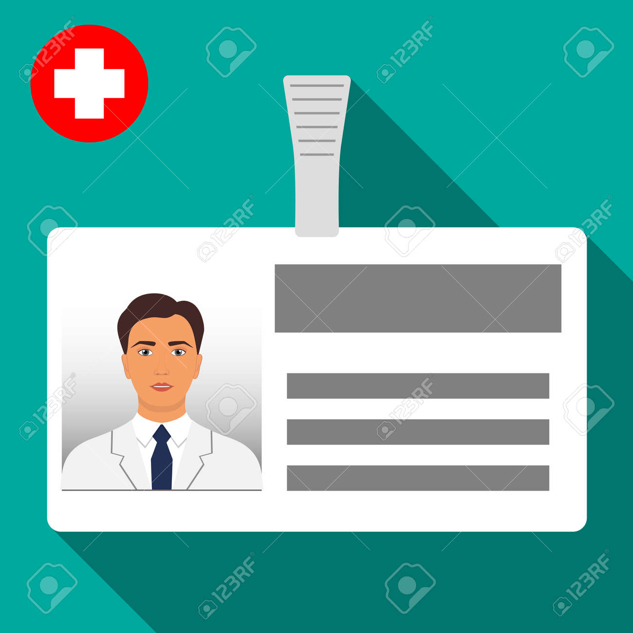 医師の名札バッジ クラスプ付きプラスチック水平バッジ 影付きの医療従事者の名刺アイコン フラットスタイルでのベクトル図のイラスト素材 ベクタ Image