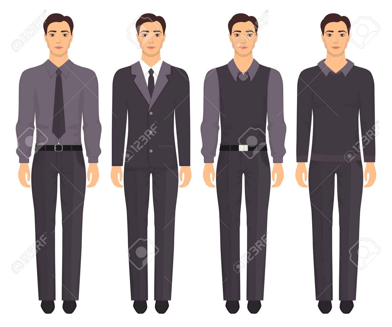 異なるフォーマルな服を着て完全に成長している若い男 エレガントでカジュアルな服装の男 基本的なワードローブ ベクターイラスト 隔離 のイラスト素材 ベクタ Image