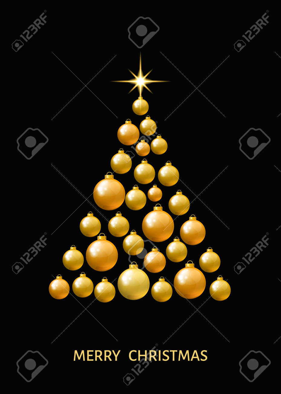 Golden Christmas Tree Made Of Xmas Balls And Star On Black