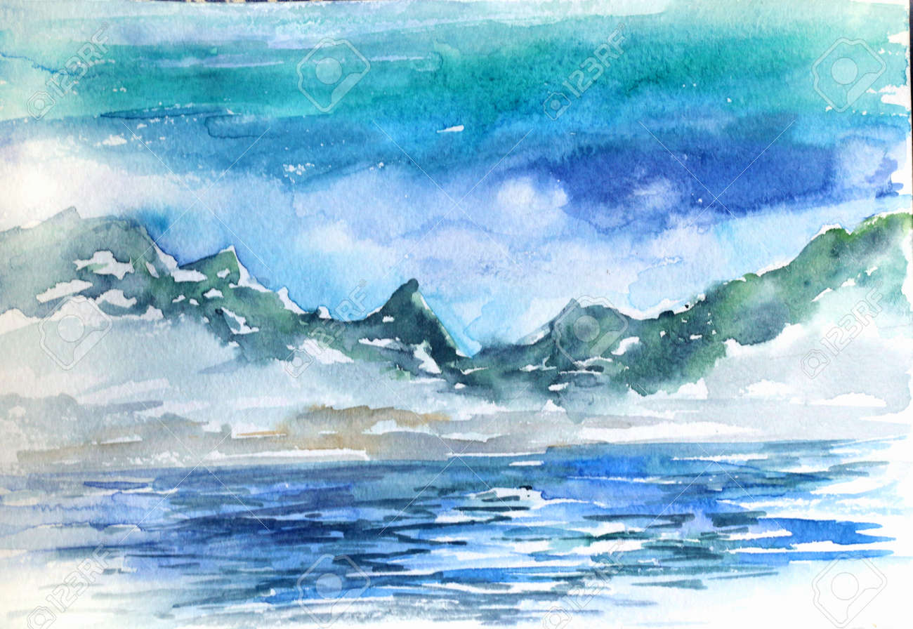 山と海のカード、招待状、バナーの水彩風景図の写真素材・画像素材