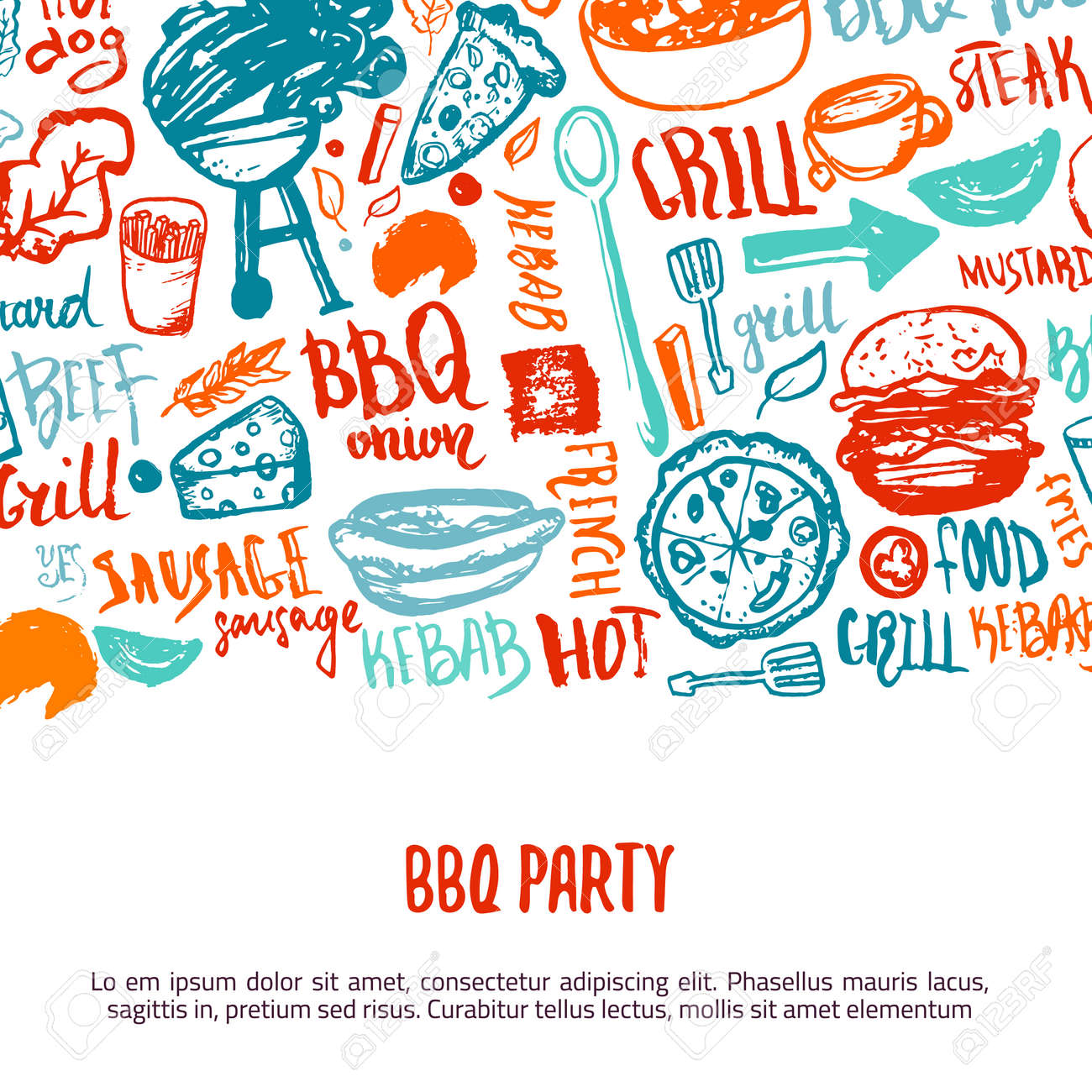 bbq opening party announcement doodle hand drawn poster with