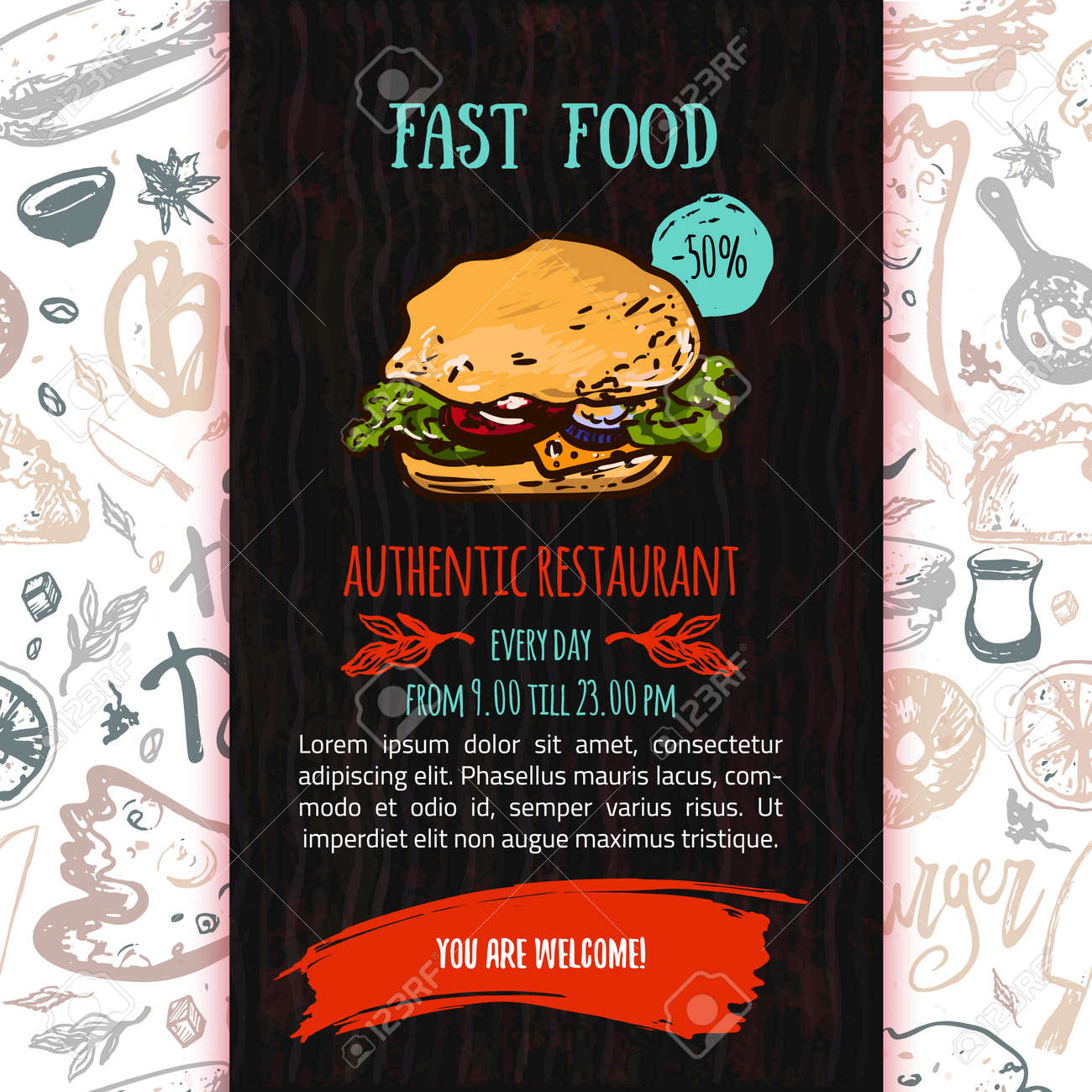 fast food menu design template with hand drawn vector illustration