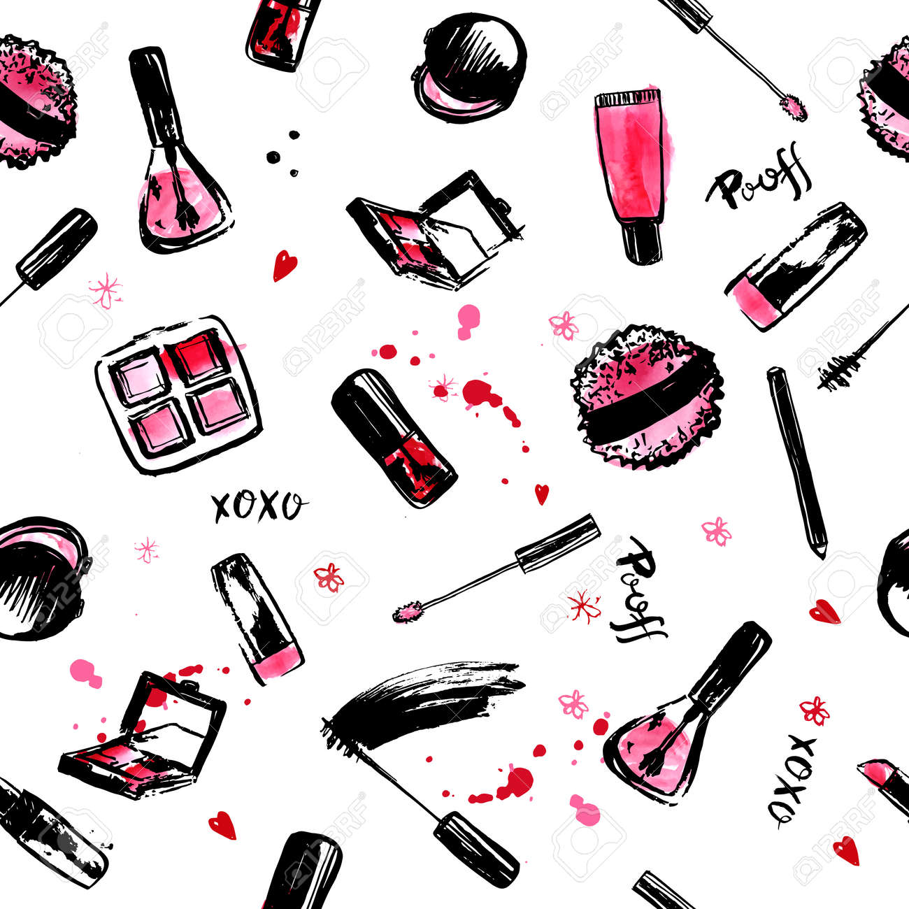 手を作る描かれたシームレス パターン マニキュア 口紅 マスカラー ブラシ リップグロスとのファッションのスタイルの化粧品 ピンクと黒 のイラスト素材 ベクタ Image