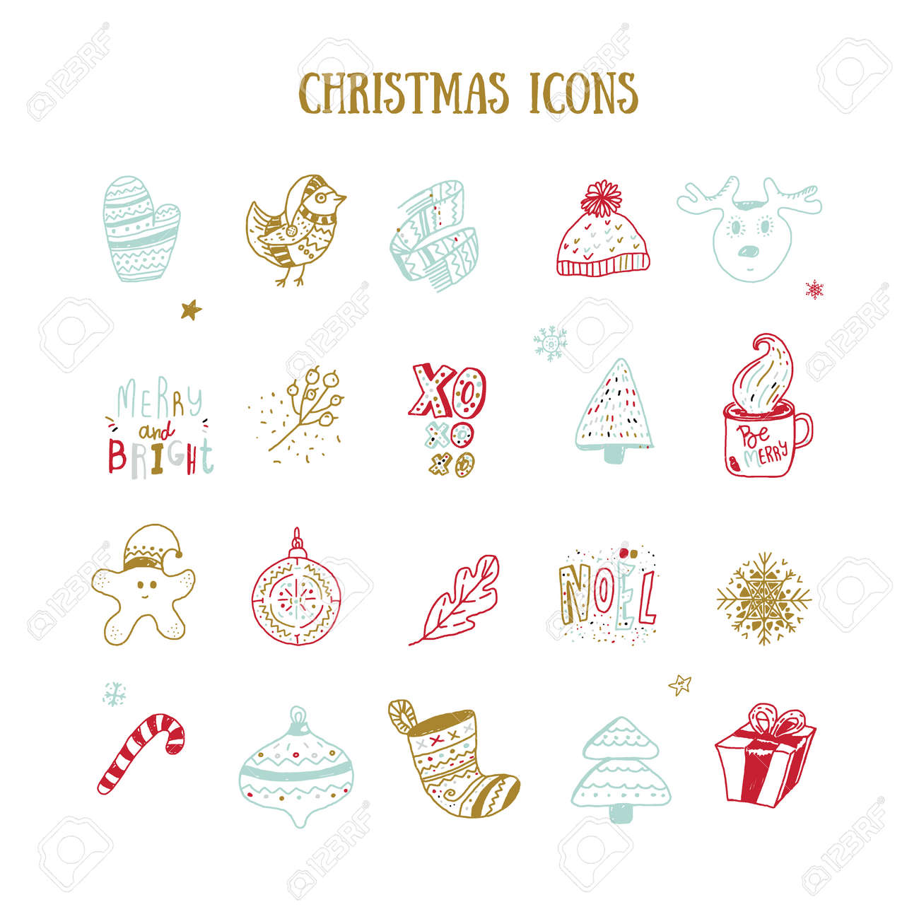 set of christmas doodle in modern scandinavian style with snowflakes christmas doodle