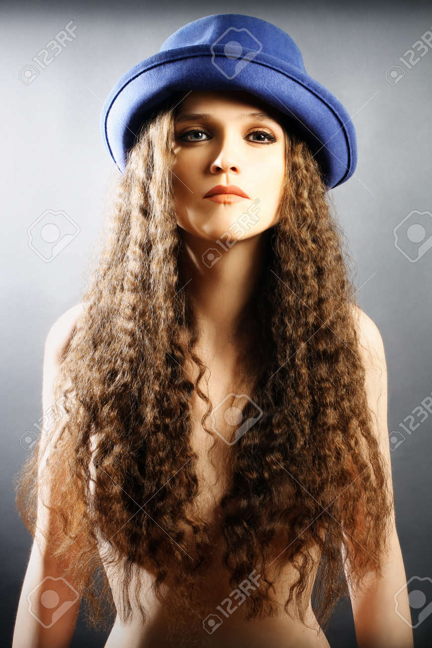 Fashion Woman In Hat Elegant Nude Woman With Long Curly Hair