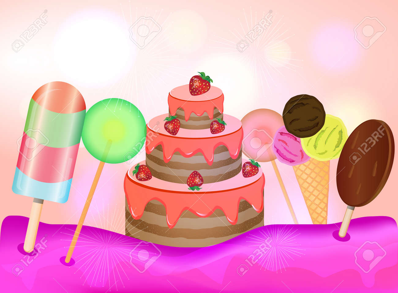 Candy Land Background Birthday Cake Lollipops And Ice Cream