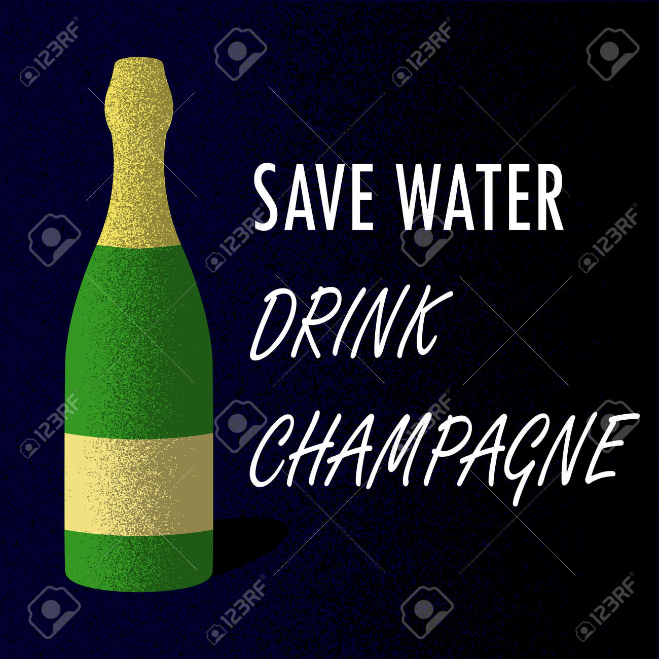 暗い青色の背景にシャンパンのボトル ビンテージ ポスター 引用を保存水のシャンパンを飲む のイラスト素材 ベクタ Image