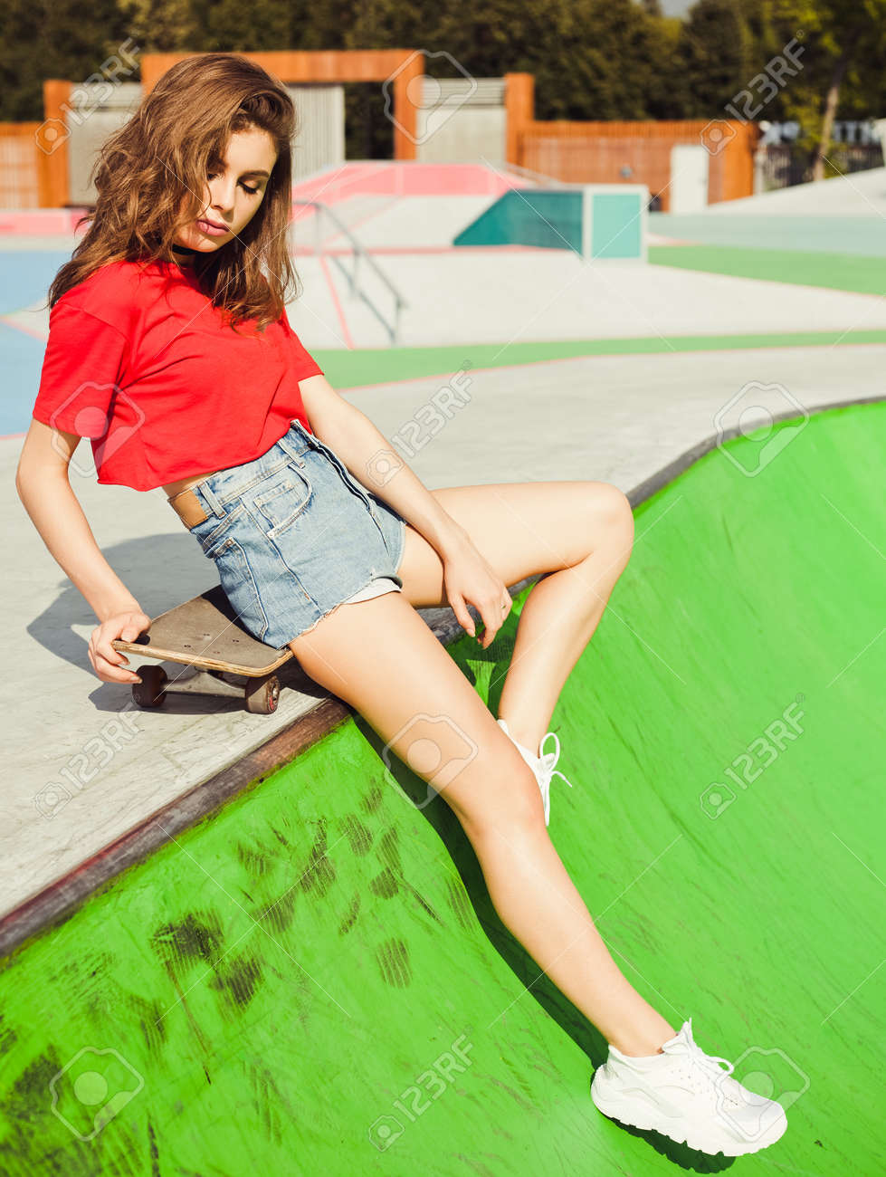 girls red denim shorts