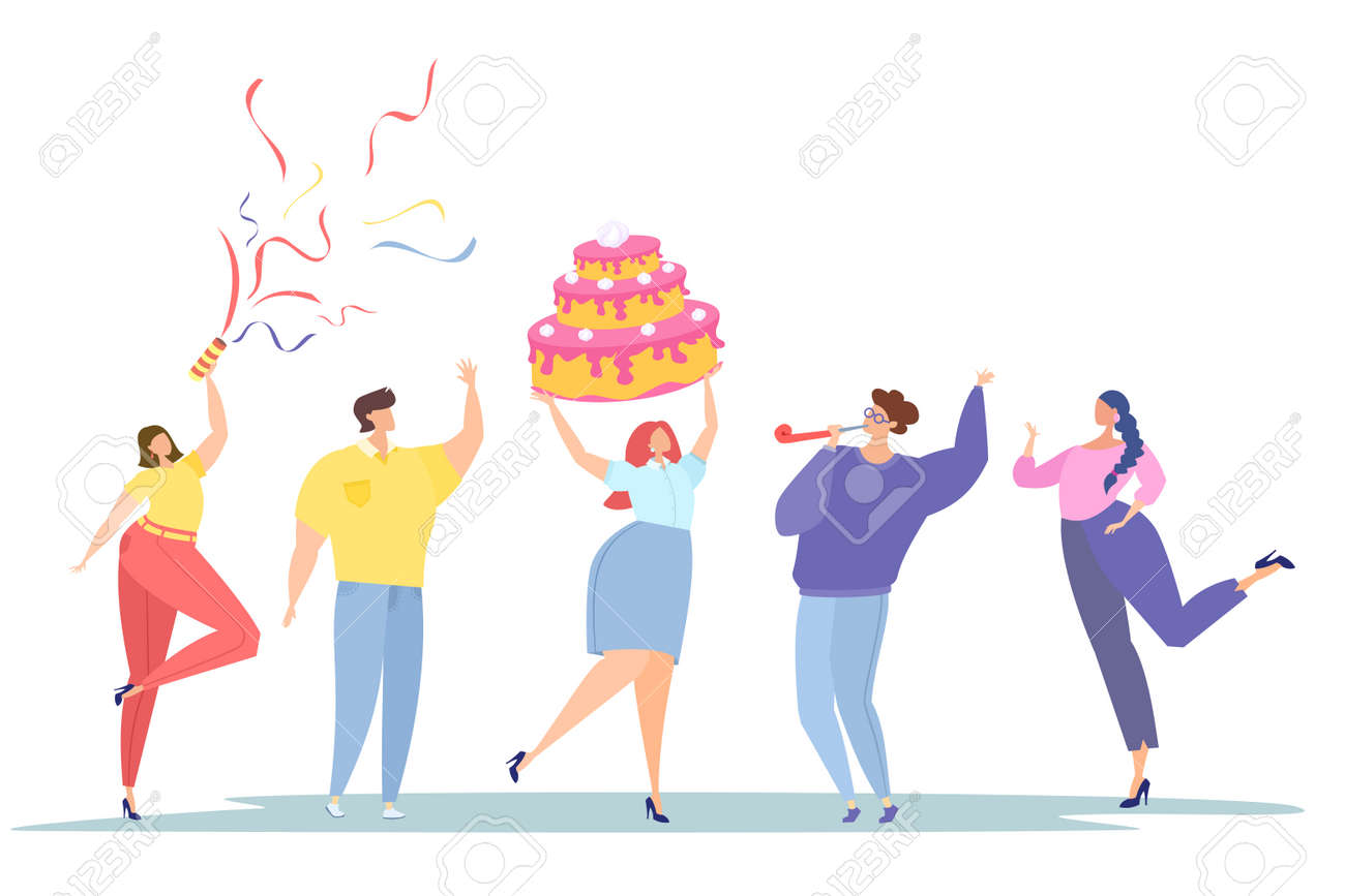 企業パーティー 従業員の誕生日 人々は幸せな誕生日を願っています フラット ベクターの図 ケーキ クラッパーボード 紙吹雪 のイラスト素材 ベクタ Image