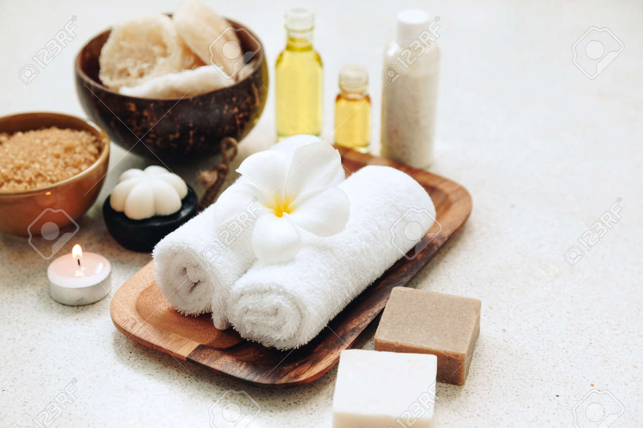 spa decoration natural organic bath products on a wooden tray stock