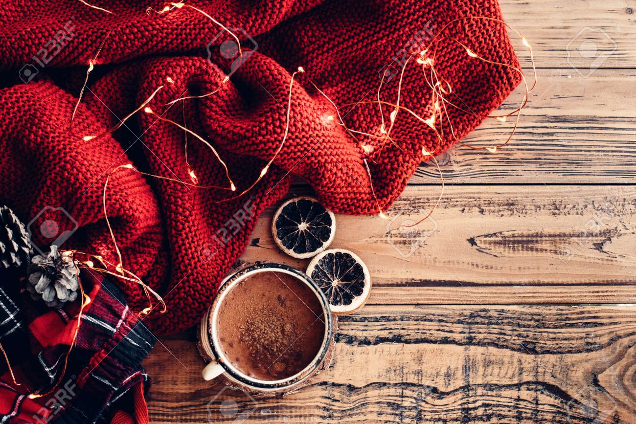 Winter Homely Scene Warm Knit Blanket And Cup Of Hot Cocoa Stock Photo Picture And Royalty Free Image Image