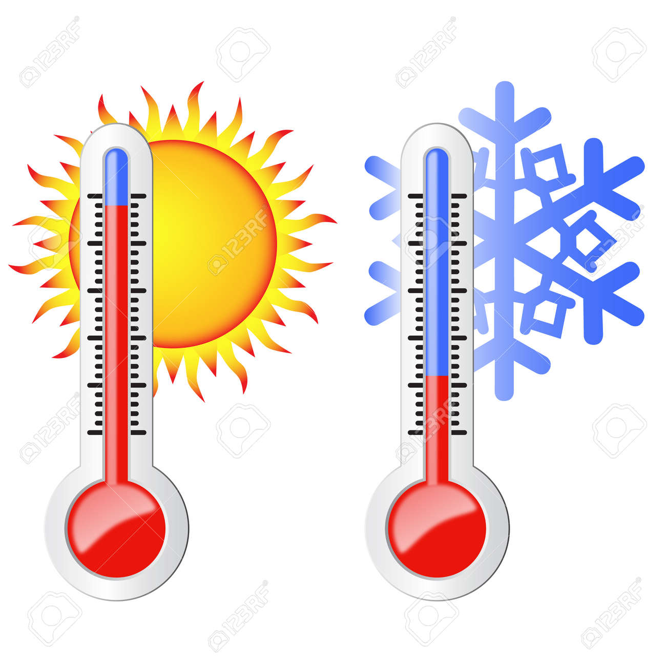 Two Thermometers High And Low Temperature Symbolize The Heat And Cold Sun And Snowflake Royalty Free Cliparts Vectors And Stock Illustration Image 28525815