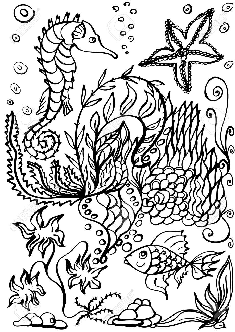 タツノオトシゴ ヒトデ 魚 水中の世界 塗り絵の黒と白のイラスト のイラスト素材 ベクタ Image