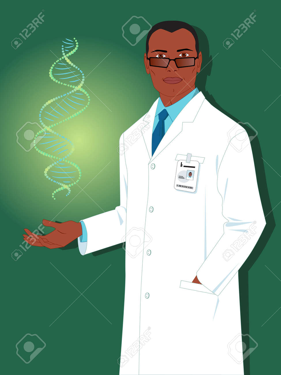 Dna のモデルを提示白衣でアフリカ系アメリカ人の科学者のイラスト素材 ベクタ Image Dna のモデルを提示白衣でアフリカ系アメリカ人の科学者のイラスト素材 ベクタ Image