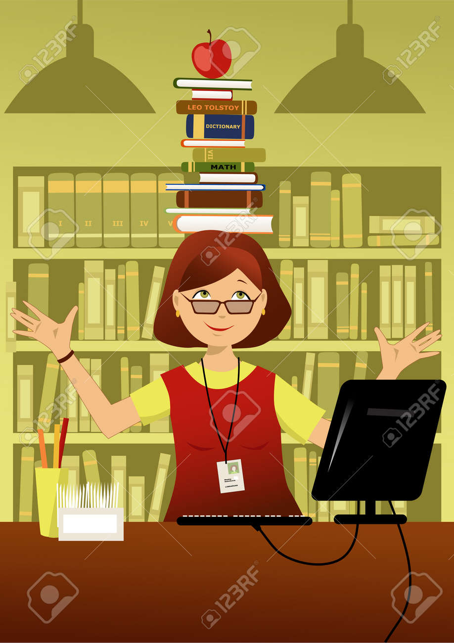笑みを浮かべて彼女の頭の上の本のスタックを分散彼女の机の後ろに図書館の司書 のイラスト素材 ベクタ Image 笑みを浮かべて彼女の頭の上の本のスタックを分散彼女の机の後ろに図書館の司書 のイラスト素材 ベクタ Image