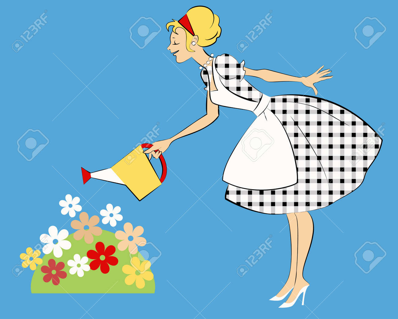 1950 年代の服 花壇に水をまくのきれいな女性のイラスト素材 ベクタ Image