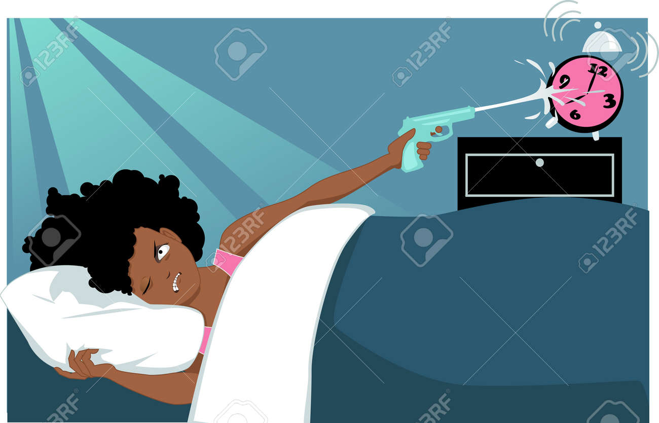 横になっている彼女のベッドで朝早くに片目閉じられ 撮影の水銃ベクトル イラスト鳴っているアラーム時計ない透明 Eps 8 で怒っている黒人女性のイラスト素材 ベクタ Image