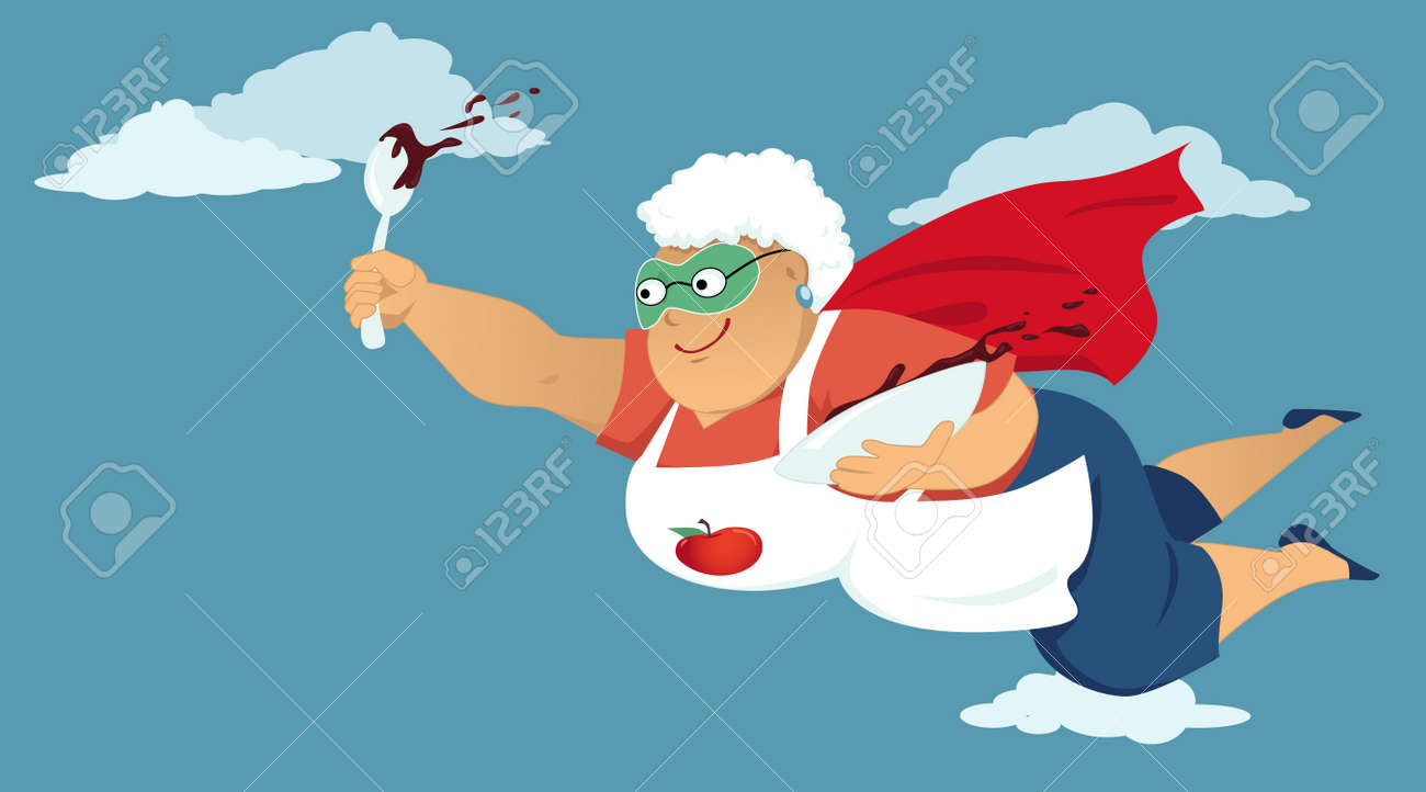 Senior woman in a superhero cape and a mask flying with a bowl of chocolate cake butter or pudding in her hands - 43607734 Senior woman in a superhero cape and a mask flying with a bowl of chocolate cake butter or pudding in her hands - 43607734