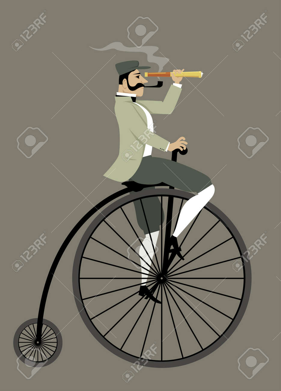 パイプと望遠鏡のペニー ファージング自転車に乗ってビクトリア朝の紳士のイラスト素材 ベクタ Image