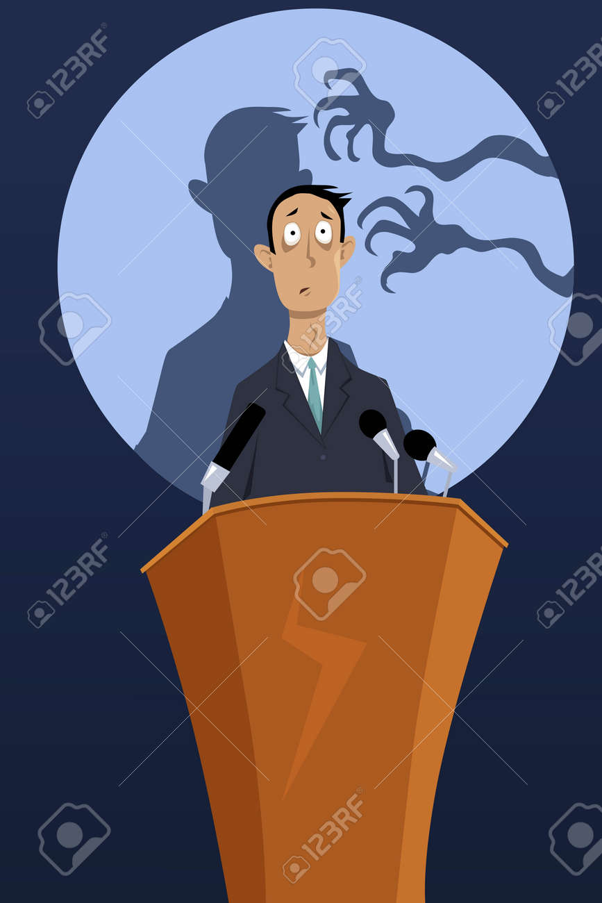 Creepy hands reaching the shadow of a man, standing on a podium, as a metaphor for a fear of public speaking, EPS 8 vector illustration, no transparencies - 56914028 Creepy hands reaching the shadow of a man, standing on a podium, as a metaphor for a fear of public speaking, EPS 8 vector illustration, no transparencies - 56914028