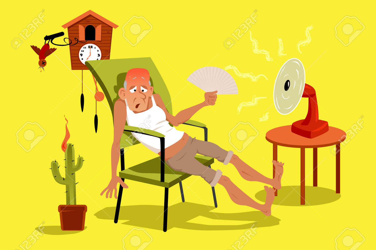 Mature man sitting in his house in a very hot summer day with a fan, EPS 8 vector illustration, no transparencies - 61306283 Mature man sitting in his house in a very hot summer day with a fan, EPS 8 vector illustration, no transparencies - 61306283