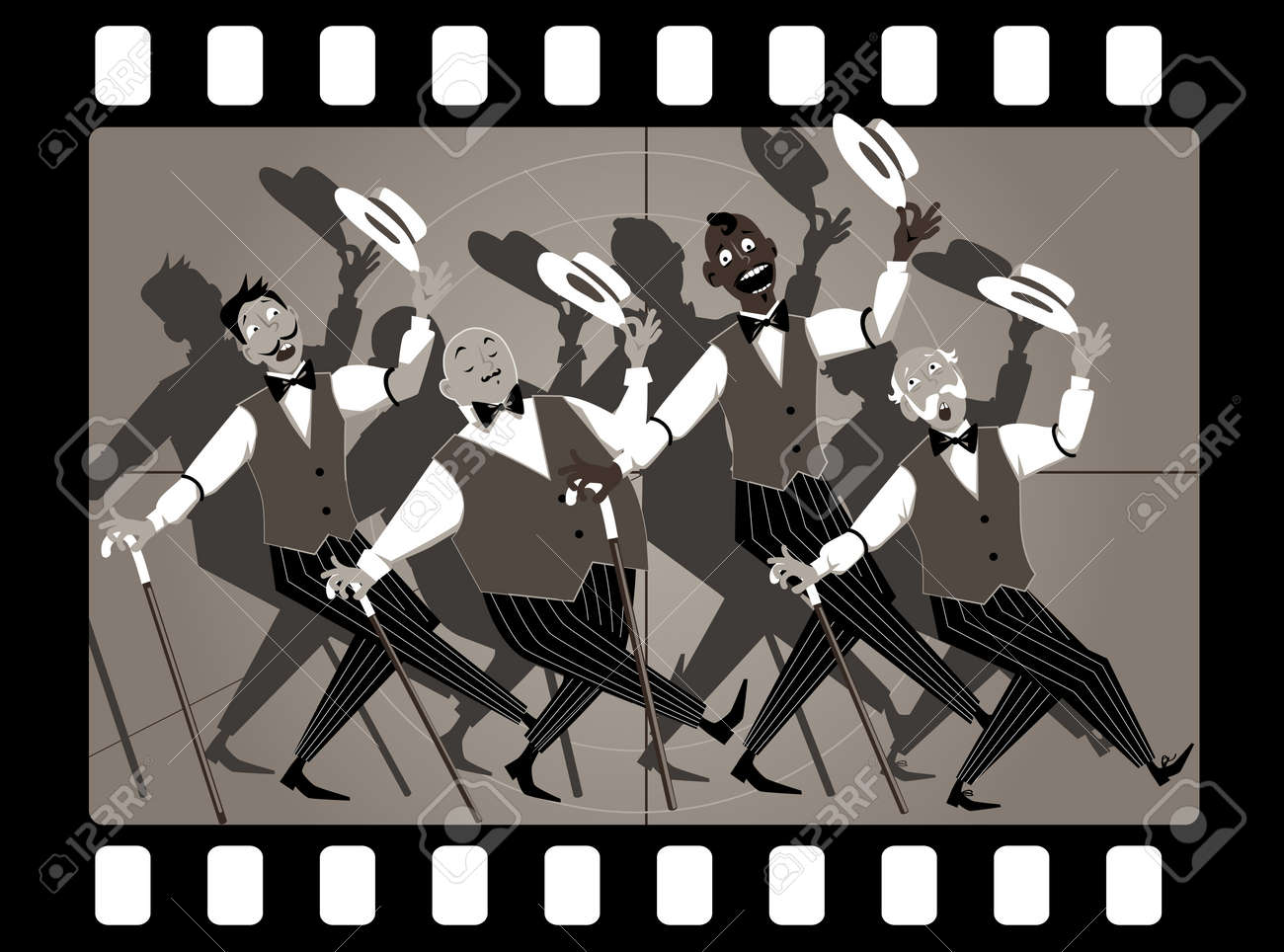 歌やダンスの古いビデオ フレームで理髪店のジャンルで歌手の四重奏曲 のイラスト素材 ベクタ Image