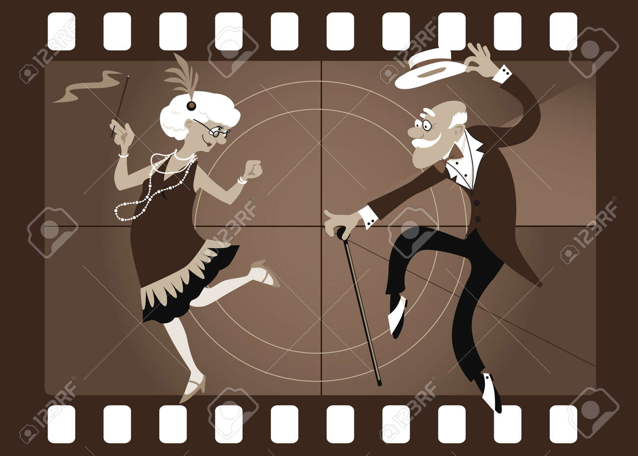 Cartoon elderly couple dancing the Charleston in an old movie frame, EPS 8 vector illustration - 63590588 Cartoon elderly couple dancing the Charleston in an old movie frame, EPS 8 vector illustration - 63590588