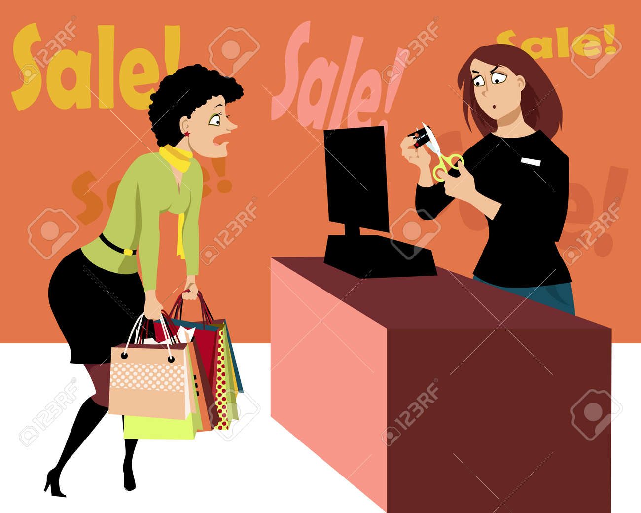 sales associate at the cash register cutting a credit card of sales associate