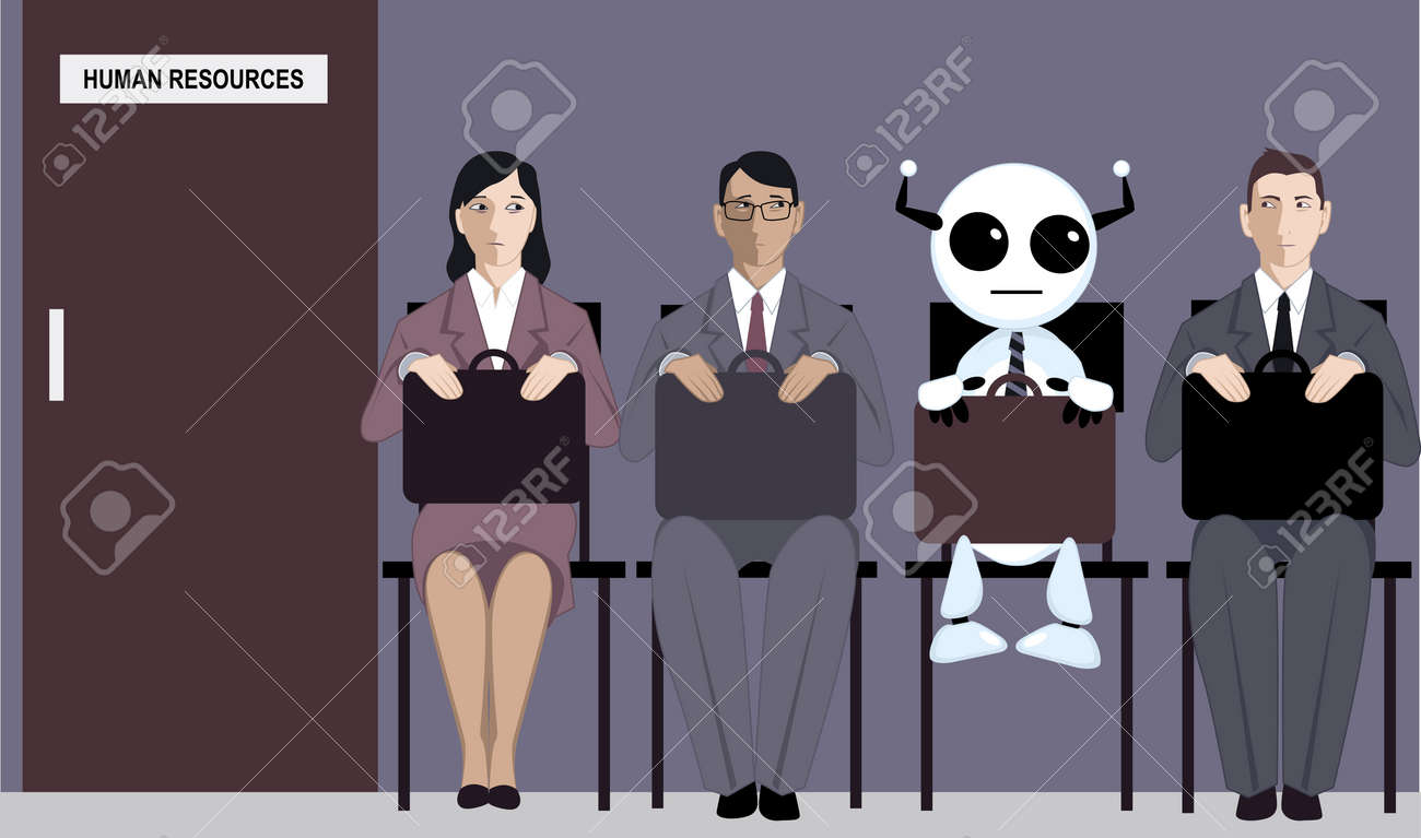Cartoon robot sitting in line with applicants for a job in front of a human resources office - 67320713 Cartoon robot sitting in line with applicants for a job in front of a human resources office - 67320713