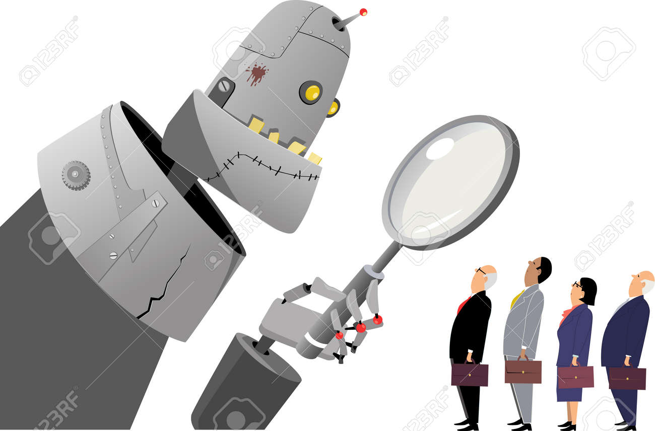 Giant robot manager examining human employees under a magnifying glass, EPS 8 vector illustration - 69113335 Giant robot manager examining human employees under a magnifying glass, EPS 8 vector illustration - 69113335