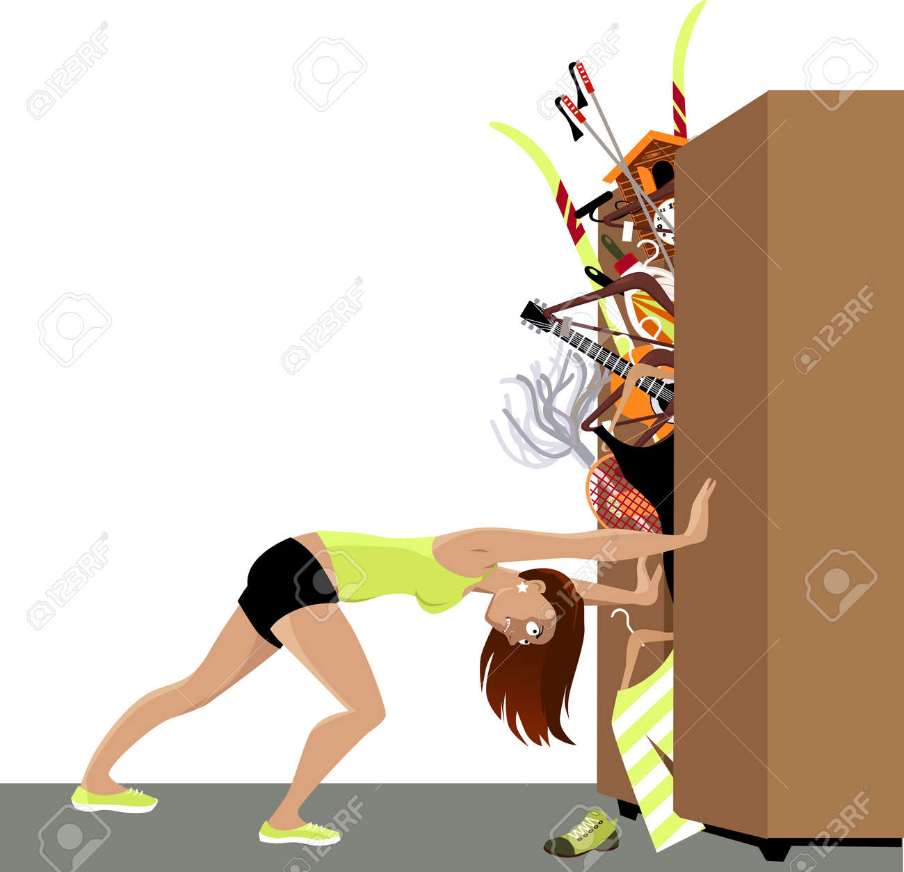 Wardrobe is bursting from stuff, woman trying to hold the doors closed, EPS 8 vector illustration - 76535389 Wardrobe is bursting from stuff, woman trying to hold the doors closed, EPS 8 vector illustration - 76535389