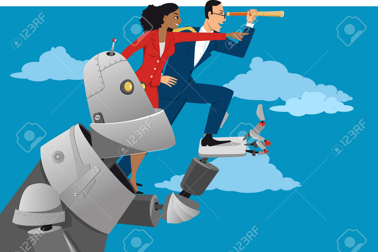 Giant robot holding business people, helping them to look further ahead, EPS 8 vector illustration - 76929575 Giant robot holding business people, helping them to look further ahead, EPS 8 vector illustration - 76929575