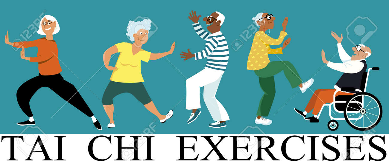 Diverse group of senior citizens doing tai chi exercise, EPS 8 vector illustration - 84660860 Diverse group of senior citizens doing tai chi exercise, EPS 8 vector illustration - 84660860