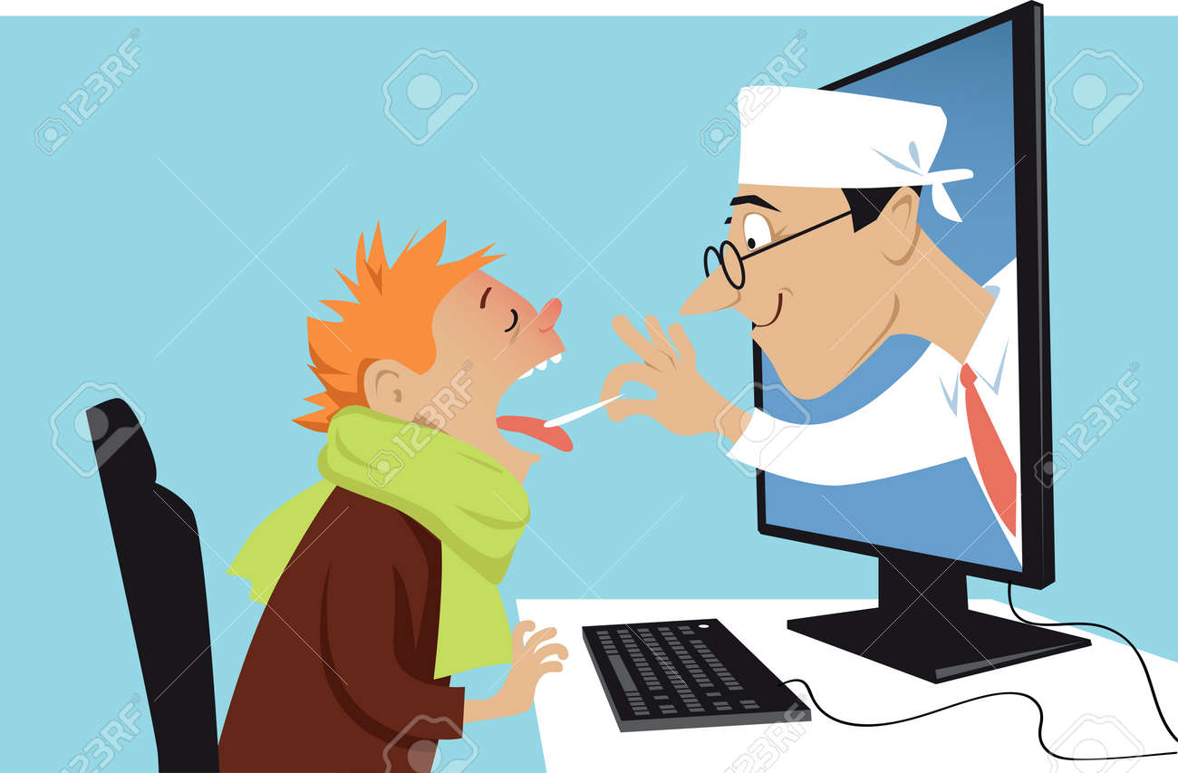 A doctor coming out of a computer and examining a sick boy, EPS 8 vector illustration - 87667121 A doctor coming out of a computer and examining a sick boy, EPS 8 vector illustration - 87667121