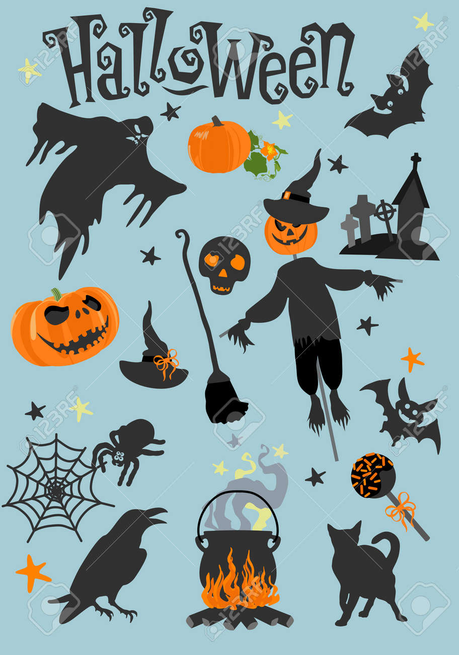 Affiche Dhalloween Ou Carte De Voeux Avec Dessin Animé Citrouille Chat Corbeaux Araignée Chaudron Toile Chat Bonbon Chauve Souris Chapeau De