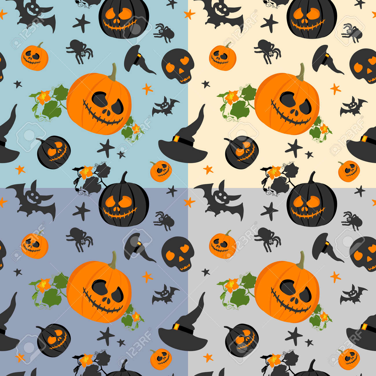 Set Di Quattro Modelli Di Halloween Senza Soluzione Di Continuità Alla Moda Pattern Di Sfondo Colorato Senza Soluzione Di Continuità Per Halloween