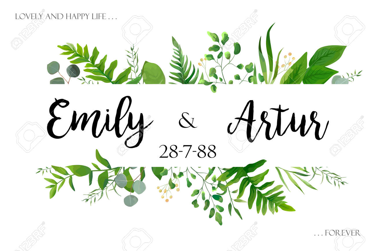 Wedding invite invitation card vector floral greenery design: Forest fern frond, Eucalyptus branch green leaves foliage herb greenery, berry frame, border. Poster, greeting Watercolor art illustration - 92712120 Wedding invite invitation card vector floral greenery design: Forest fern frond, Eucalyptus branch green leaves foliage herb greenery, berry frame, border. Poster, greeting Watercolor art illustration - 92712120