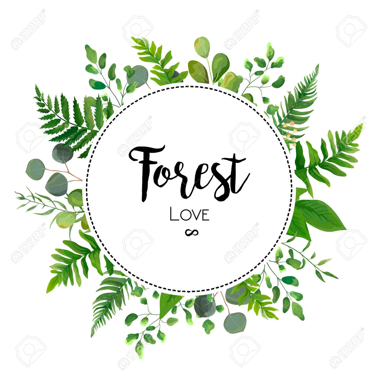 floral vector invite card design with green eucalyptus fern leaves