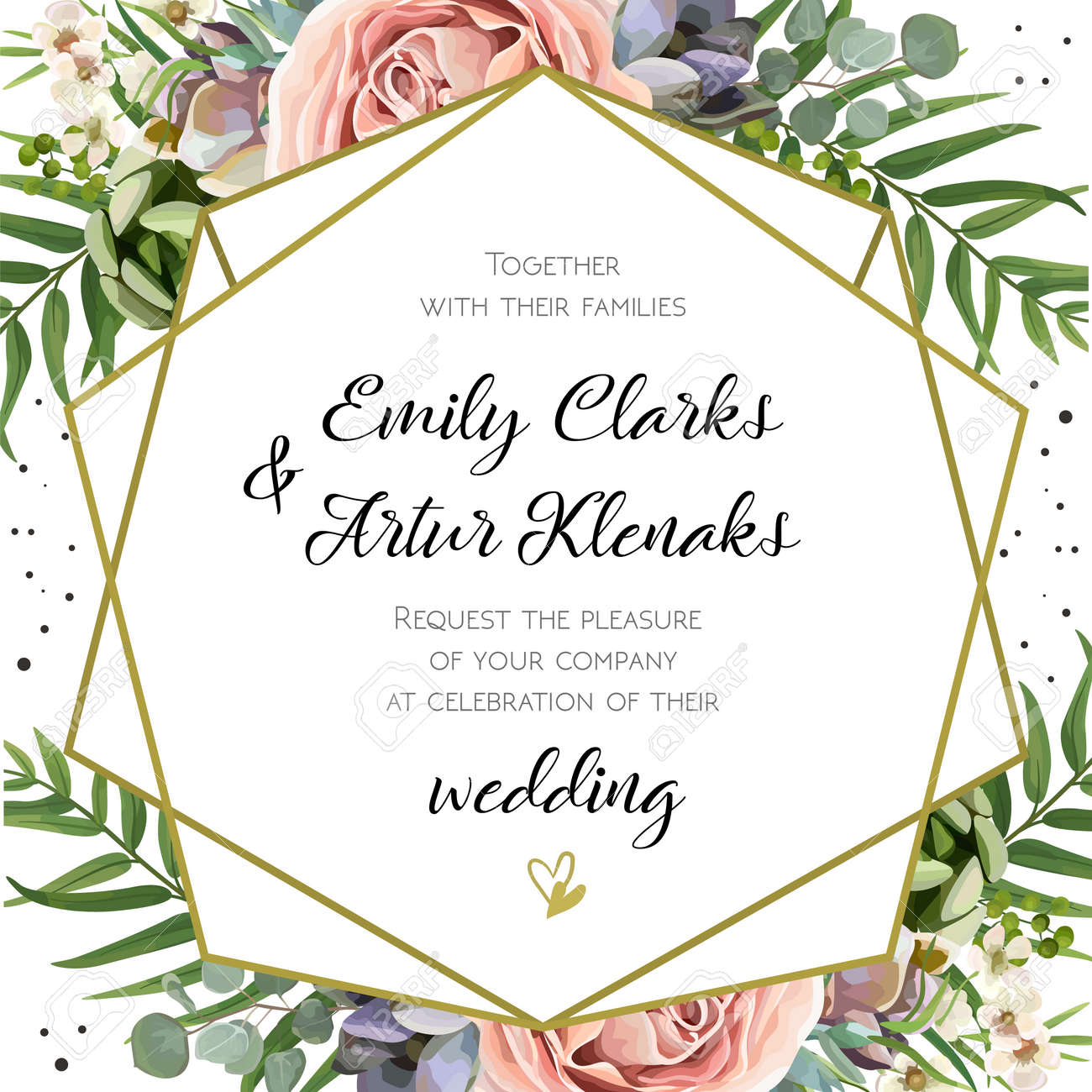 Wedding Invitation, floral invite card Design: Peach lavender pink garden Rose, succulent, wax, eucalyptus, green palm leaves, forest fern greenery geometric golden frame print. Vector cute copy space - 92759055 Wedding Invitation, floral invite card Design: Peach lavender pink garden Rose, succulent, wax, eucalyptus, green palm leaves, forest fern greenery geometric golden frame print. Vector cute copy space - 92759055