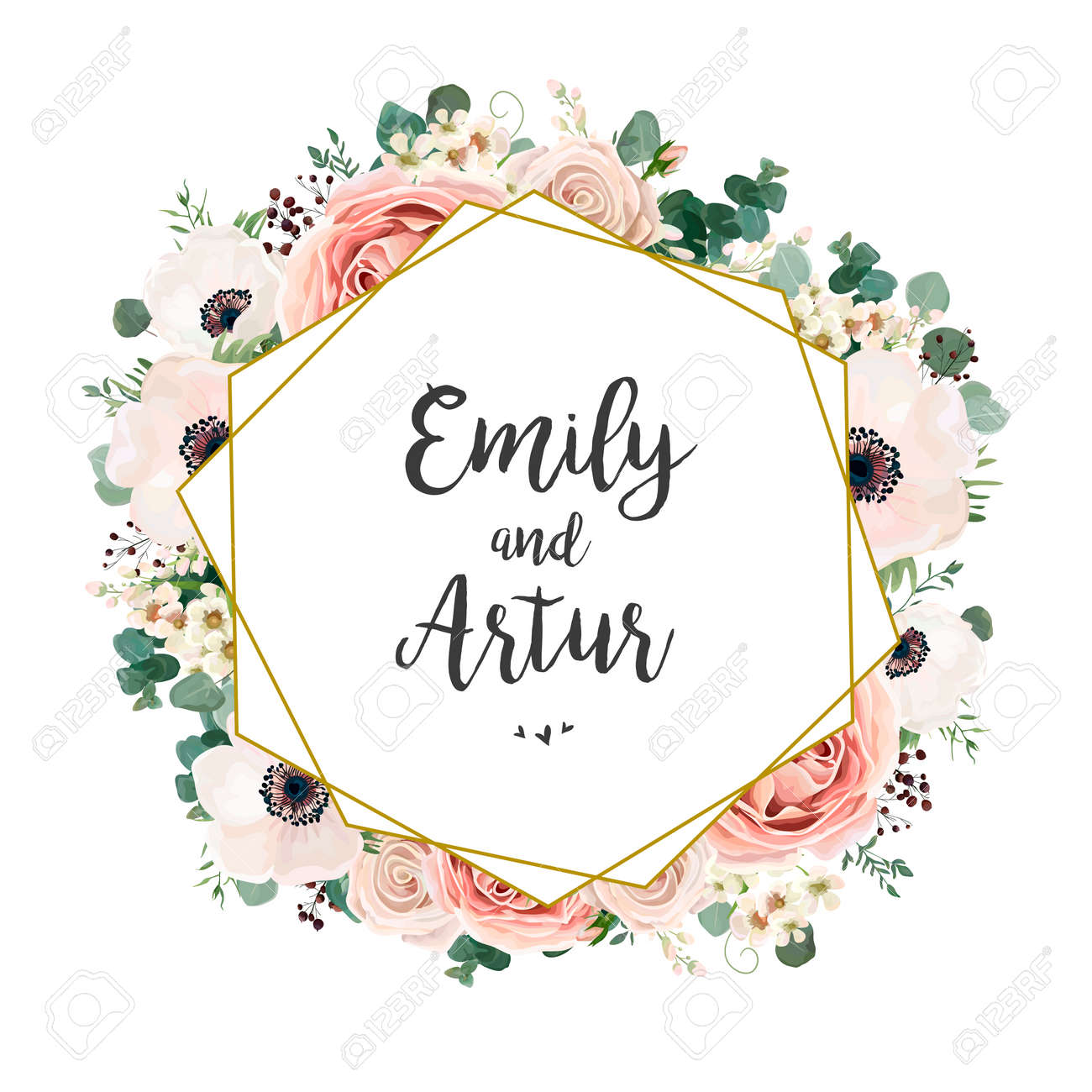 Floral Wedding Invitation elegant invite card vector Design: garden flower pink, peach Rose, white wax Anemone green Eucalyptus tender greenery, berry bouquet, golden geometric print frame, copy space - 92801070 Floral Wedding Invitation elegant invite card vector Design: garden flower pink, peach Rose, white wax Anemone green Eucalyptus tender greenery, berry bouquet, golden geometric print frame, copy space - 92801070