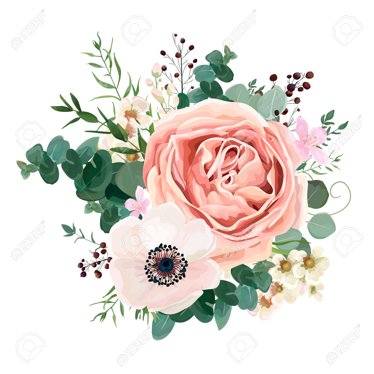 Floral card vector Design: garden flower lavender pink peach Rose white Anemone wax green Eucalyptus thyme leaves elegant greenery, berry, forest bouquet print.Wedding rustic Invitation elegant invite. - 92810788 Floral card vector Design: garden flower lavender pink peach Rose white Anemone wax green Eucalyptus thyme leaves elegant greenery, berry, forest bouquet print.Wedding rustic Invitation elegant invite. - 92810788
