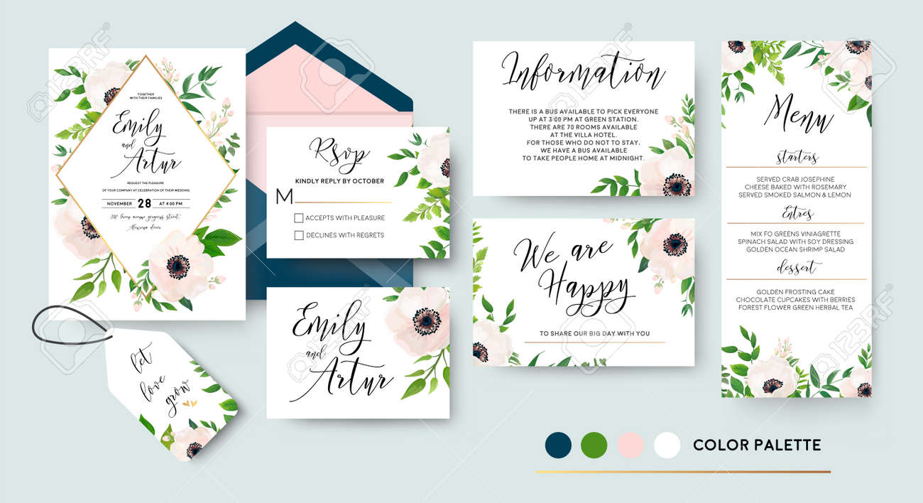 Wedding invite, menu, rsvp, thank you label save the date card Design with white, pink anemone flowers, green leaves greenery foliage bouquet & golden frame. Vector cute rustic delicate chic layout. - 92844136 Wedding invite, menu, rsvp, thank you label save the date card Design with white, pink anemone flowers, green leaves greenery foliage bouquet & golden frame. Vector cute rustic delicate chic layout. - 92844136