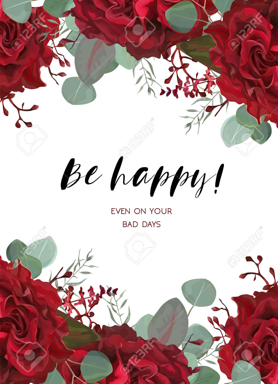 Floral card design with vector watercolor floral bouquet decorative frame with garden tender red burgundy Rose flowers, seeded Eucalyptus branch - 92882366 Floral card design with vector watercolor floral bouquet decorative frame with garden tender red burgundy Rose flowers, seeded Eucalyptus branch - 92882366