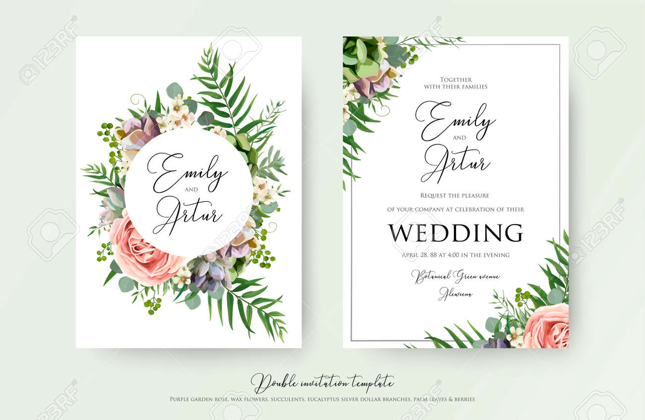 Floral Wedding Invitation elegant invite, thank you, rsvp card vector Design: garden pink, peach Rose flower, white wax, succulent, cactus plant, green Eucalyptus tender greenery, berry trendy bouquet - 94188343 Floral Wedding Invitation elegant invite, thank you, rsvp card vector Design: garden pink, peach Rose flower, white wax, succulent, cactus plant, green Eucalyptus tender greenery, berry trendy bouquet - 94188343
