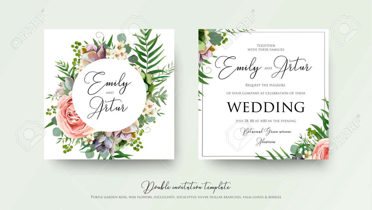 Wedding floral invite invitation card Design with lavender pink violet garden rose, green tropical palm leaf greenery eucalyptus branches decoration. Vector elegant watercolor rustic cute template set. - 94116556 Wedding floral invite invitation card Design with lavender pink violet garden rose, green tropical palm leaf greenery eucalyptus branches decoration. Vector elegant watercolor rustic cute template set. - 94116556