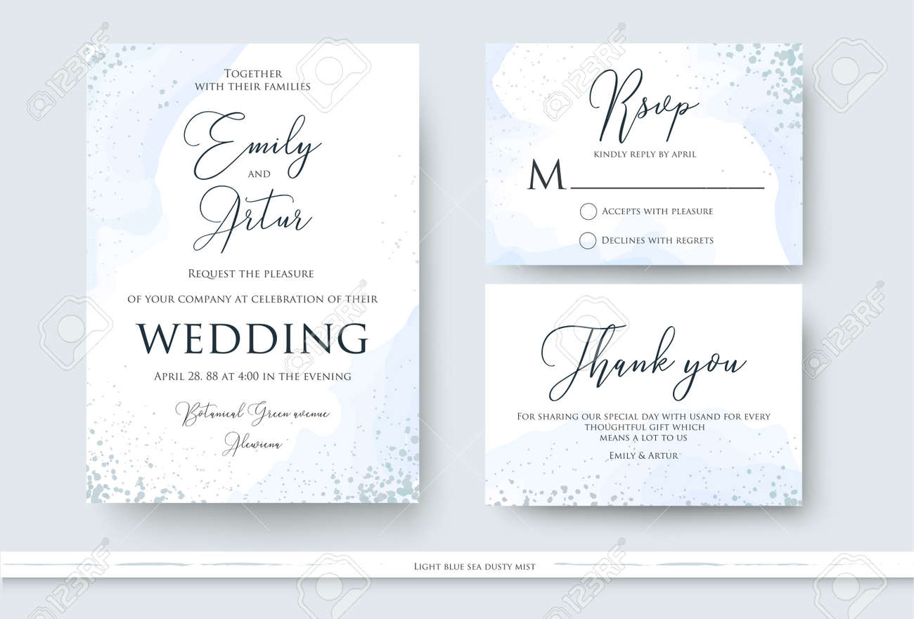 Wedding invite, thank you, rsvp card design set with abstract watercolor style decoration in light tender dusty blue color on white background. Vector trendy modern romantic art layout, template - 95160894 Wedding invite, thank you, rsvp card design set with abstract watercolor style decoration in light tender dusty blue color on white background. Vector trendy modern romantic art layout, template - 95160894